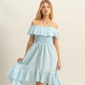 HYFVE High-Low Eyelet Ruffled Off-Shoulder Dress